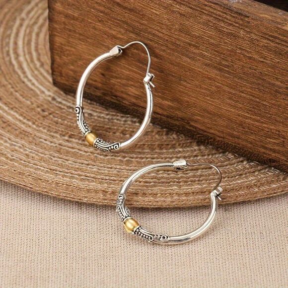 Etched Silver Hoop Earrings Vintage Style Secure Back Retro Fashion Jewelry New - Picture 2 of 4